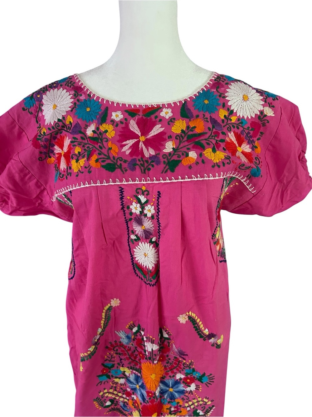 Mexican bohemian Embroidered Floral Dress Pink Boho Midi Oaxaca Style S/M - Picture 3 of 4